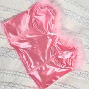 PINK FEATHER FUR TRIM SATIN CORSET TOP VALENTINES DAY